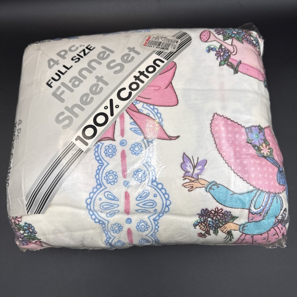 New Old Stock Flannel Sheet Set Little Girl Bows Cottagecore Full Size Vintage